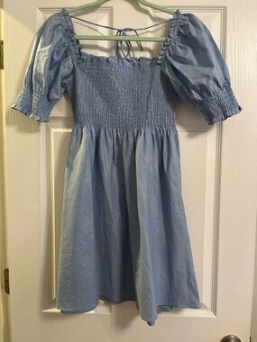 Light Blue Puff Sleeve Smocked Dress